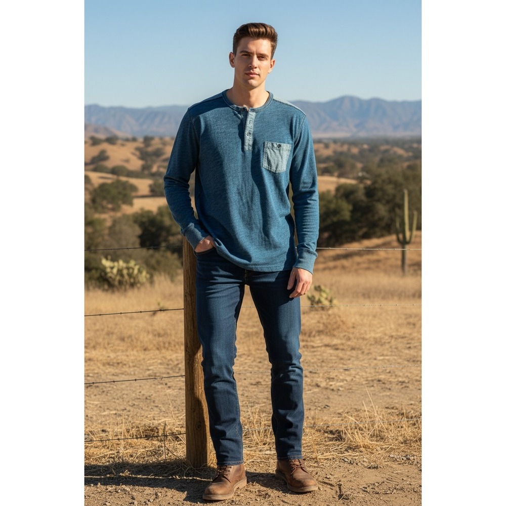 Lucky Brand Mens Henley Shirt XL Blue Long Sleeve Cotton Slub Casual Western